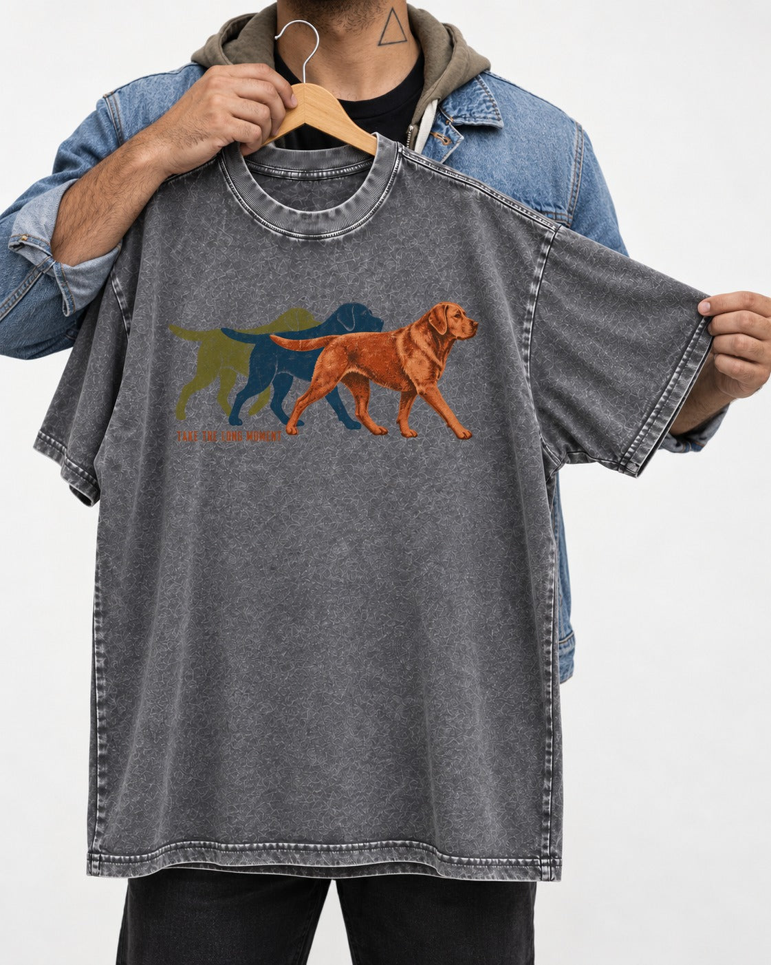 Take the Long Moment Labrador Retriever Washed Tee in Gray, held up on a hanger