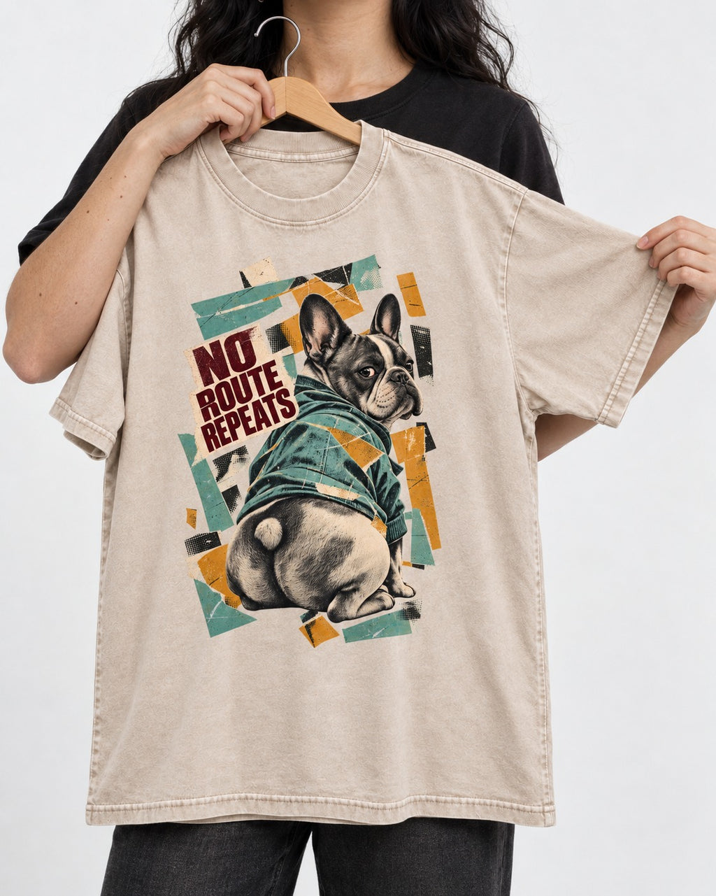 No Route Repeats Frenchie Washed Tee in Apricot, held up on a hanger