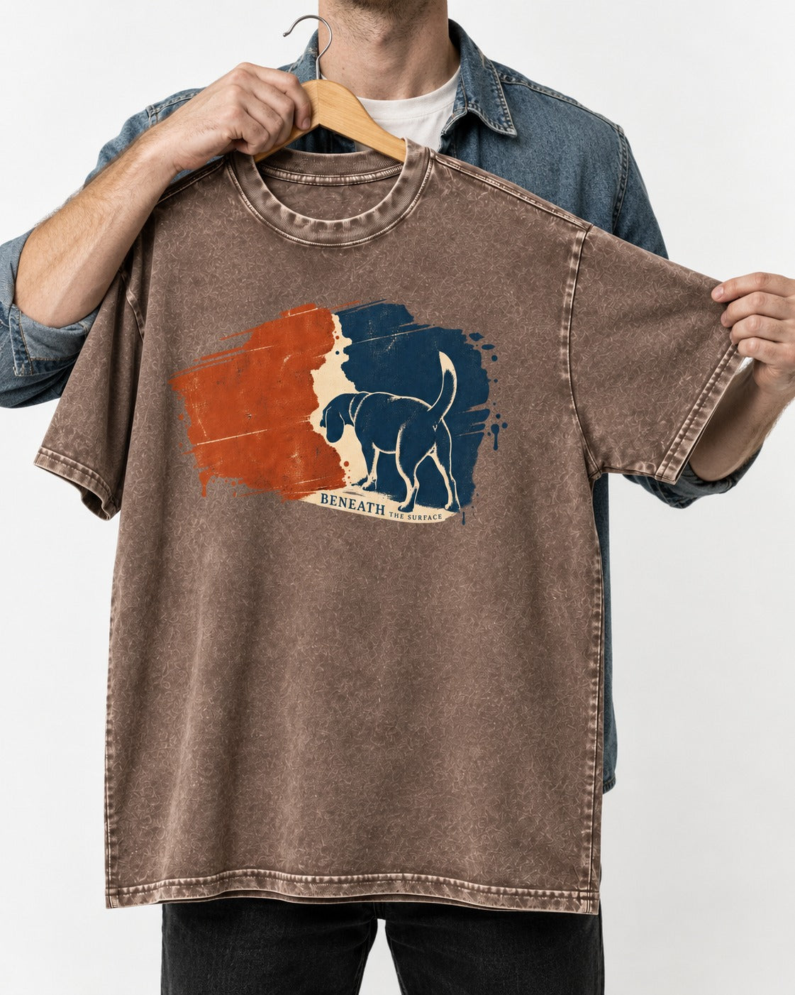Beagle Beneath The Surface Scent Trail Washed Tee in Coffee, held up on a hanger
