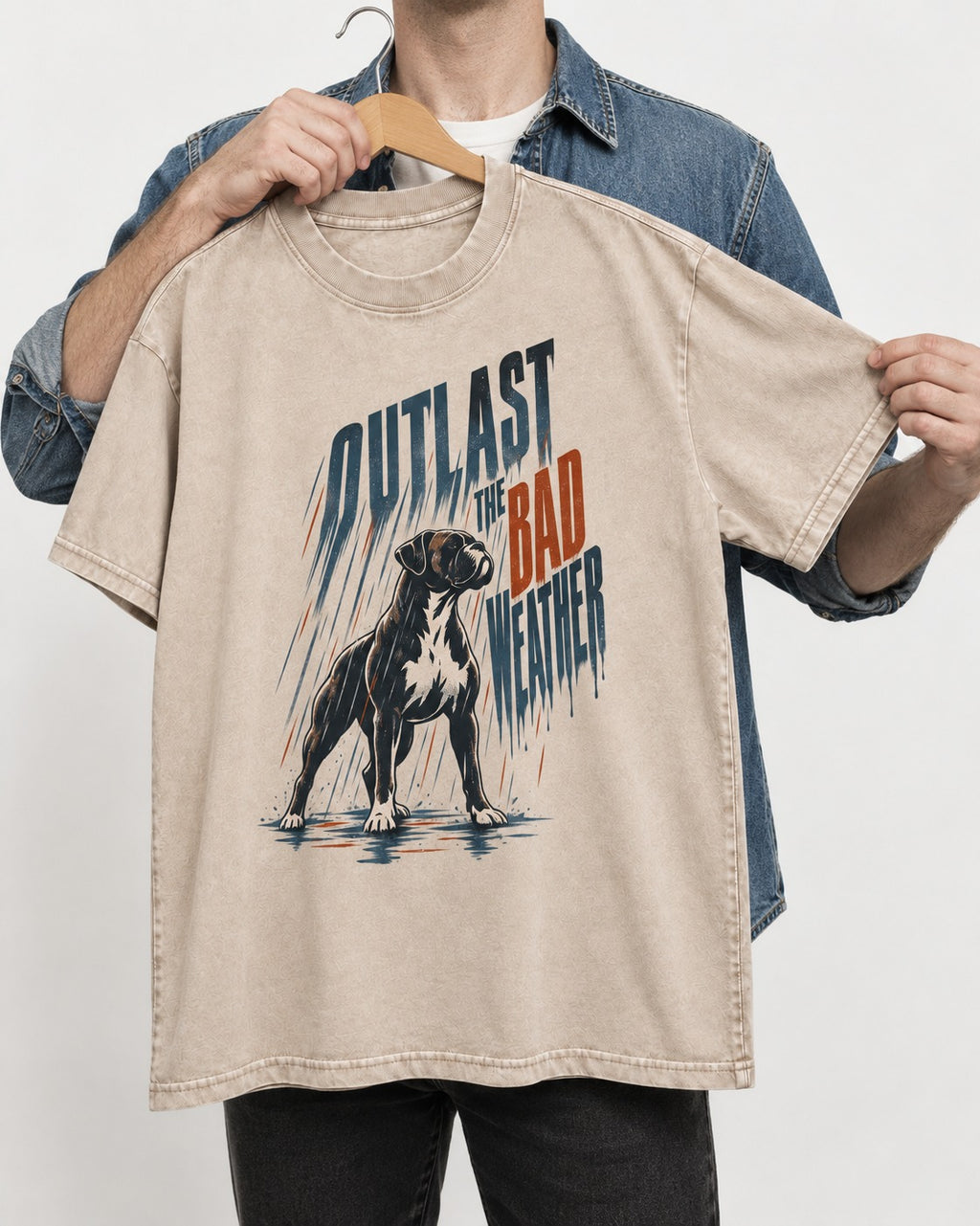 Boxer Outlast the Bad Weather Washed Tee in Apricot, held up on a hanger