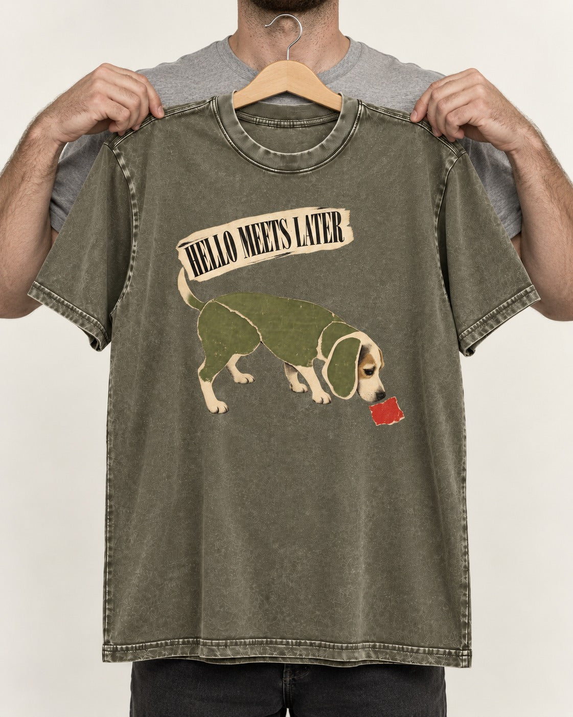 Twenty Minutes Later Beagle Washed Tee in Army Green, held up on a hanger