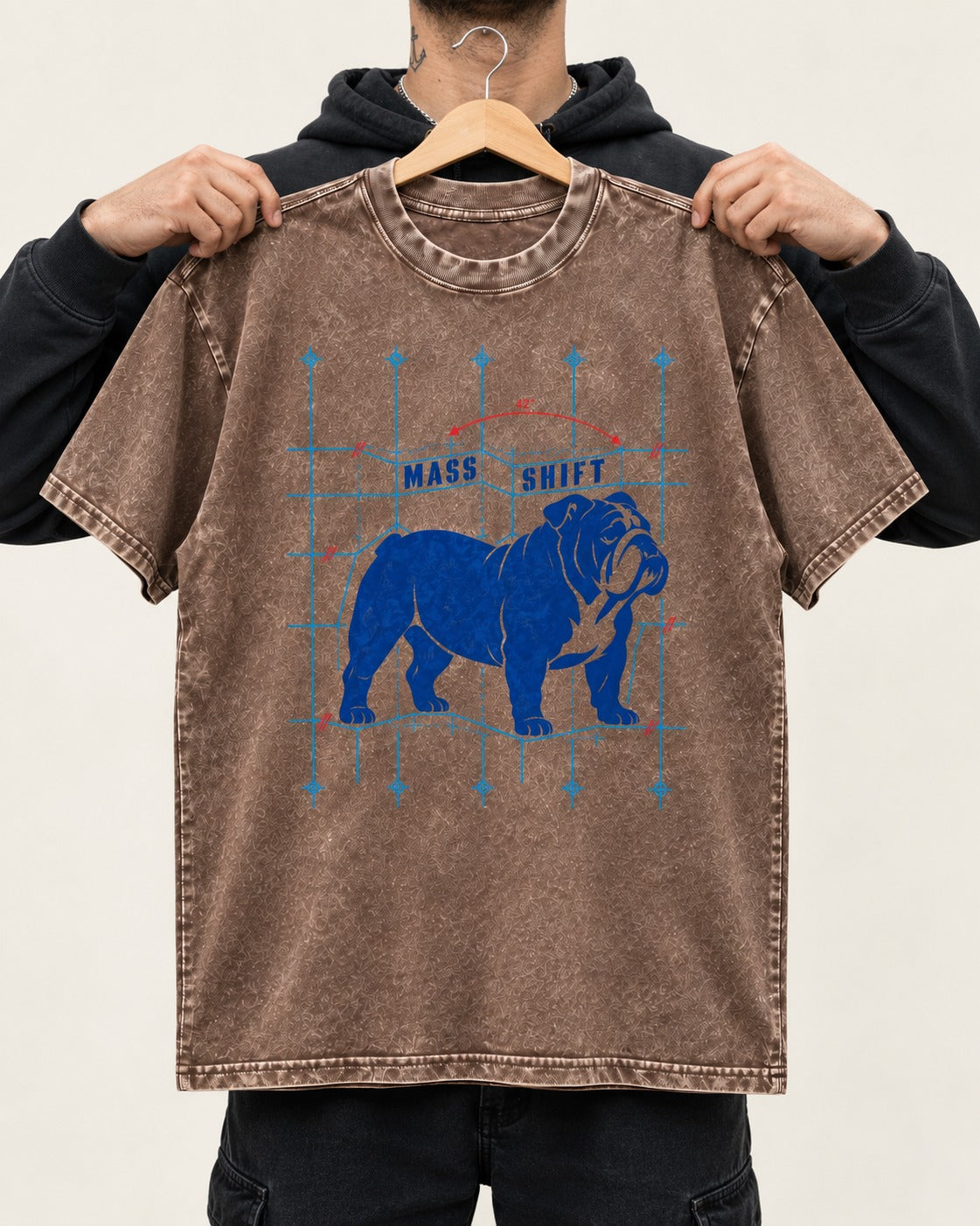 Mass Shift English Bulldog Washed Tee in Coffee, held up on a hanger