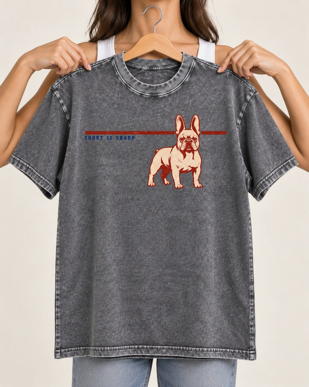 Short Is Sharp Frenchie Washed Tee in Gray, held up on a hanger