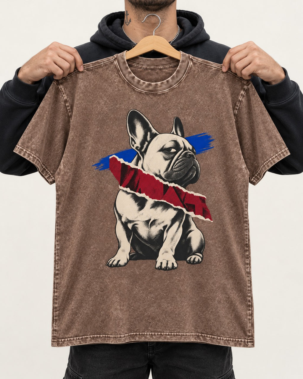 Frenchie Punk Washed Tee in Coffee, held up on a hanger