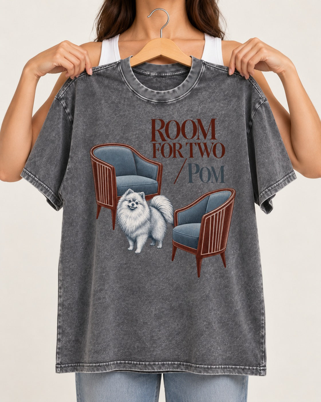 Room for Two with Pomeranian Washed Tee in Gray, held up on a hanger