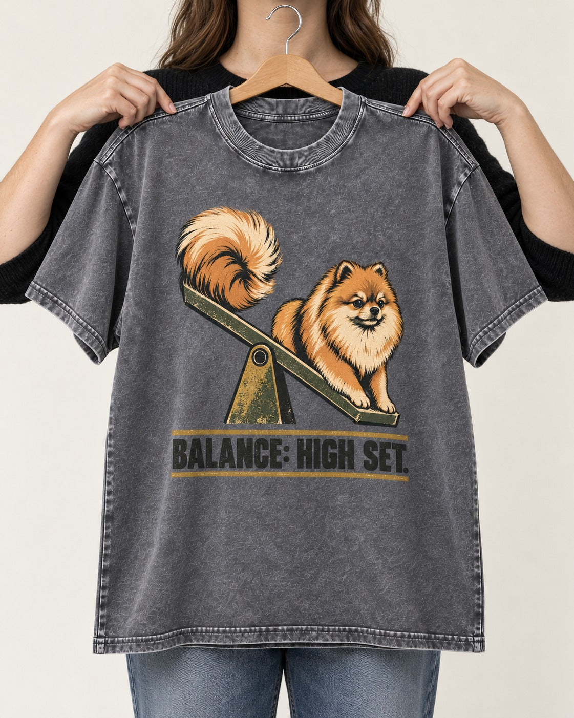 Pomeranian Balance High Set Washed Tee in Gray, held up on a hanger