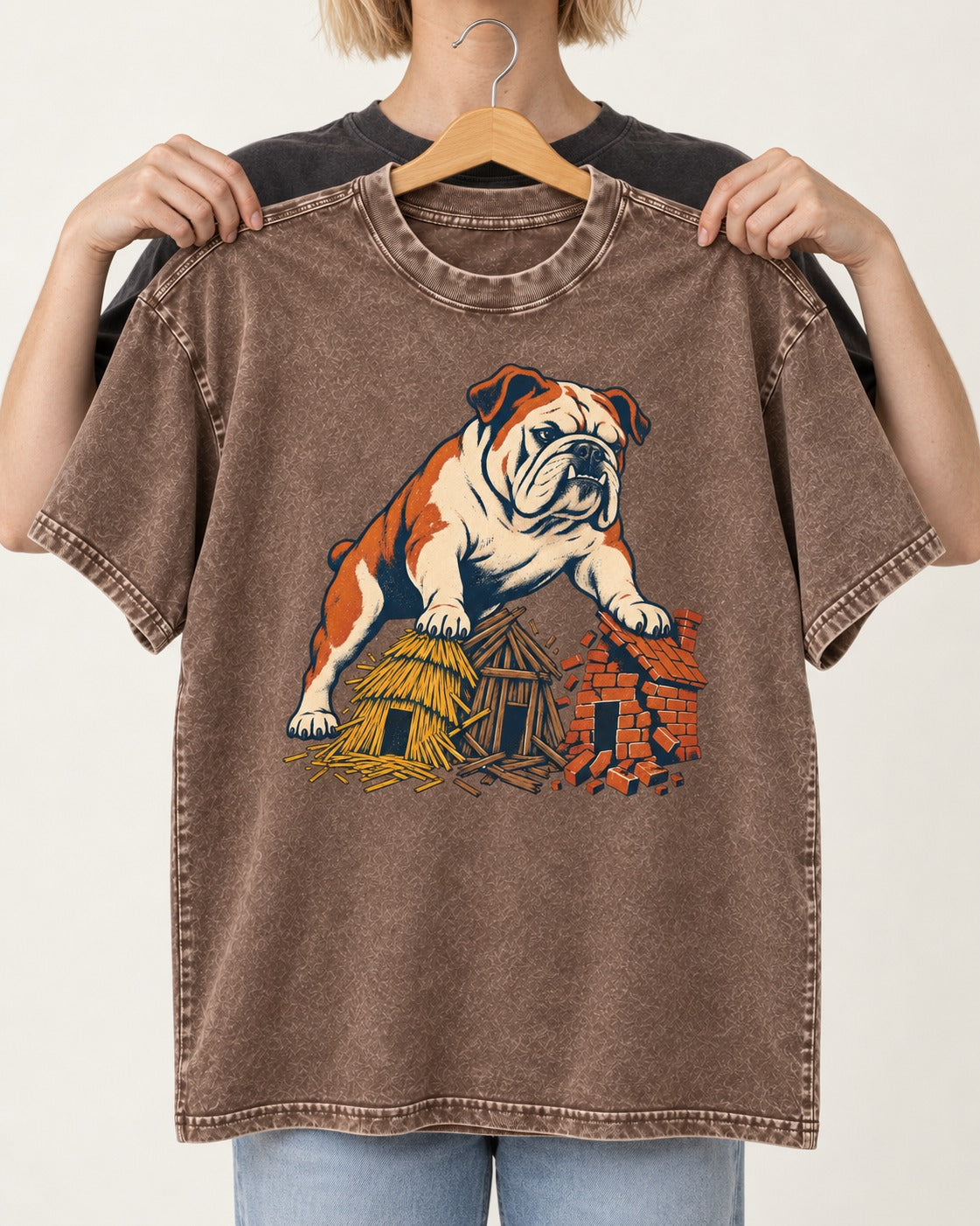 English Bulldog Huff and Puff Washed Tee in Coffee, held up on a hanger