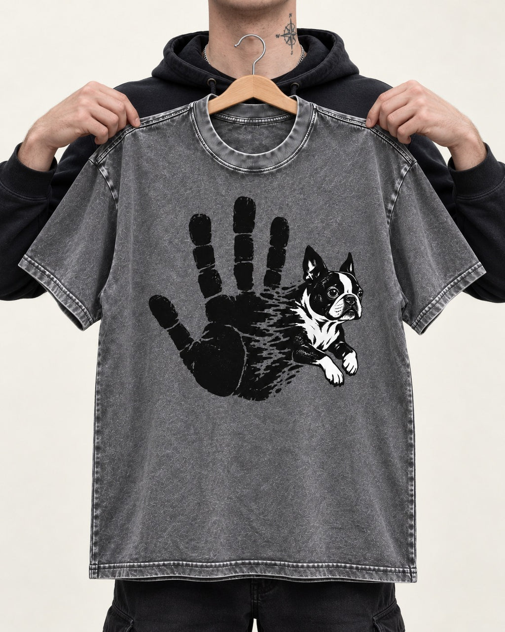 Boston Terrier High Five Washed Tee in Gray, held up on a hanger