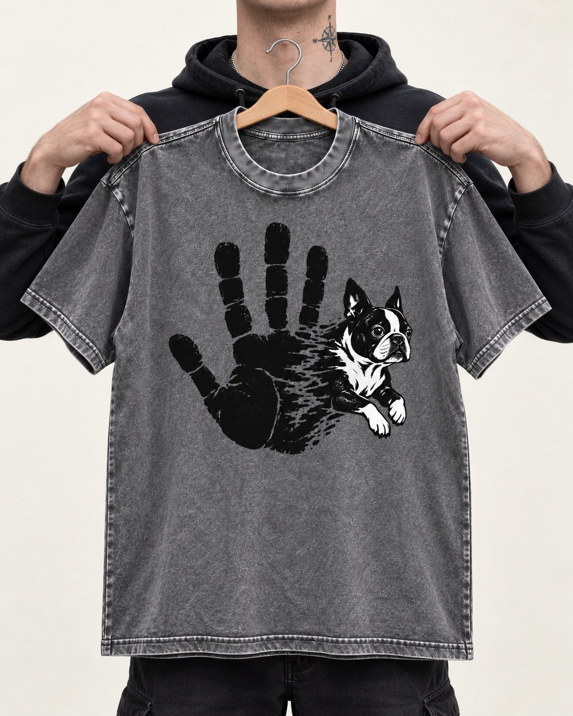 Boston Terrier High Five Washed Tee in Gray, held up on a hanger