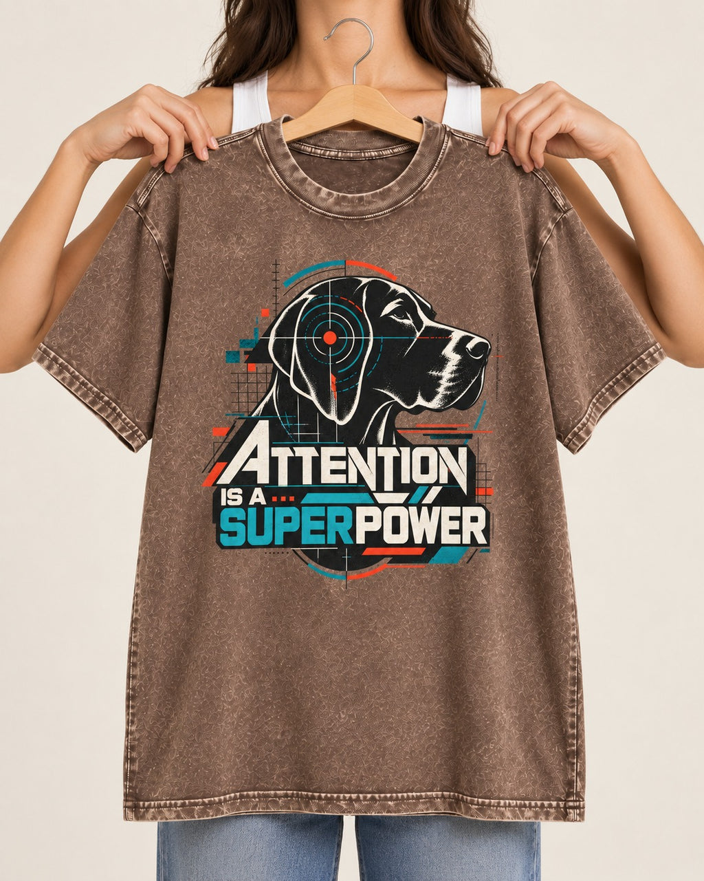 German Shorthaired Pointer Attention Is a Superpower Washed Tee in Coffee, held up on a hanger