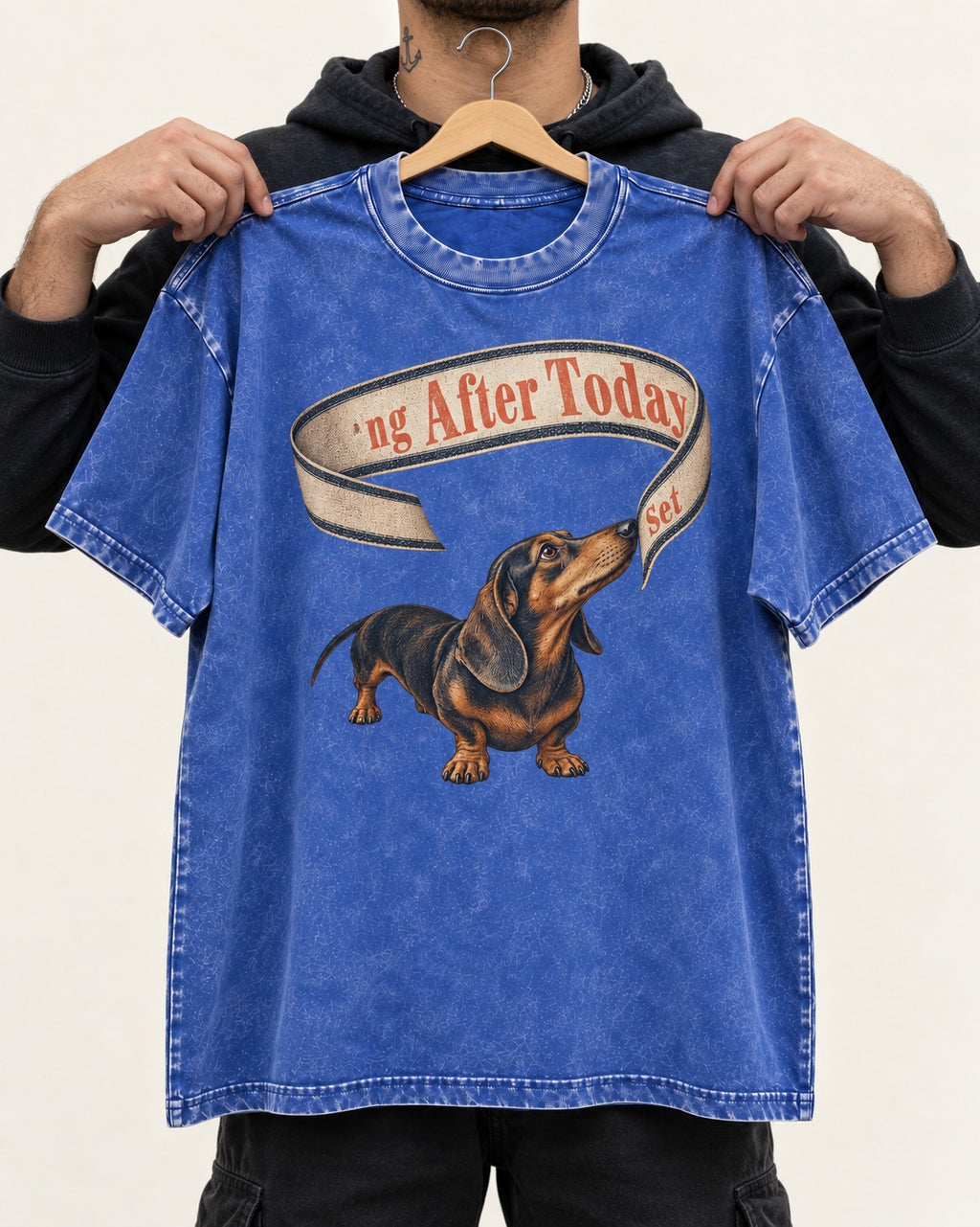 Dachshund ng After Today Set Ribbon Graphic Washed Tee in Royal Blue, held up on a hanger