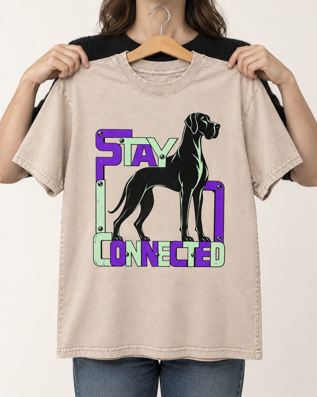 Great Dane Stay Connected Modular Frame Graphic Washed Tee in Apricot, held up on a hanger