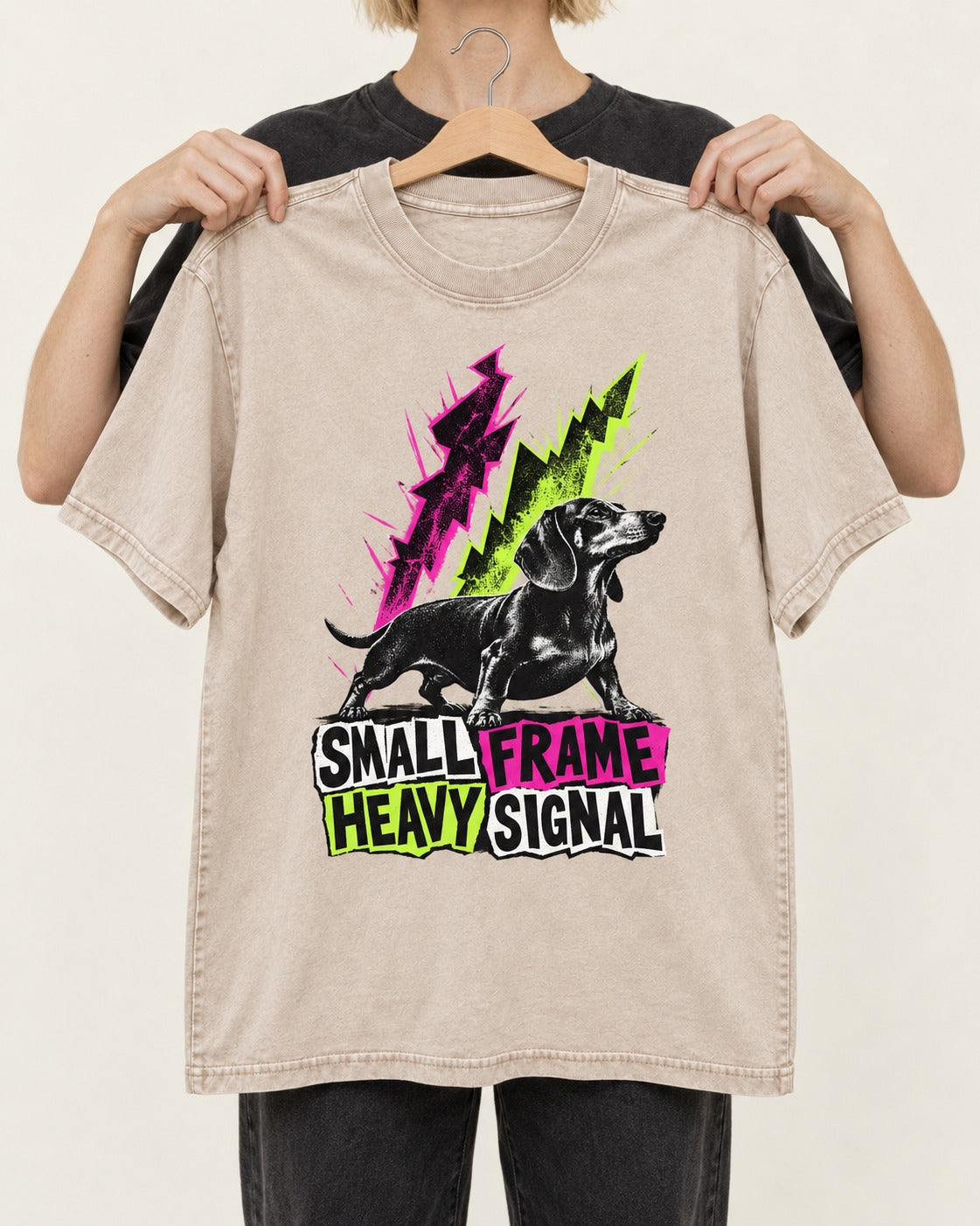Dachshund Small Frame Heavy Signal Washed Tee in Apricot, held up on a hanger