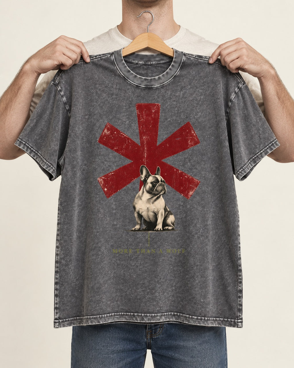 Frenchie More Than a Note Washed Tee in Gray, held up on a hanger
