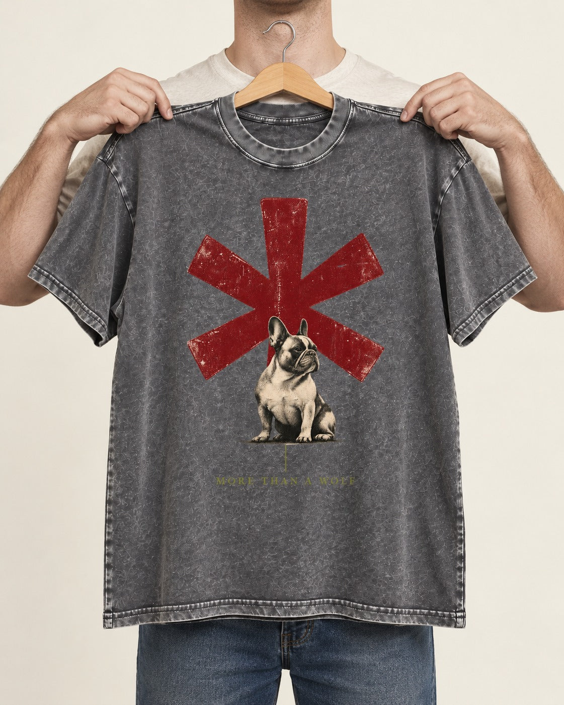 Frenchie More Than a Note Washed Tee in Gray, held up on a hanger