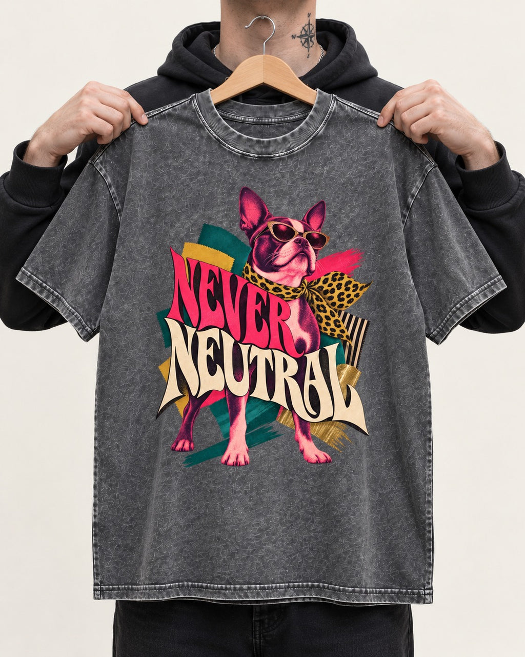 Boston Terrier Never Neutral Fashion Collage Graphic Washed Tee in Gray, held up on a hanger