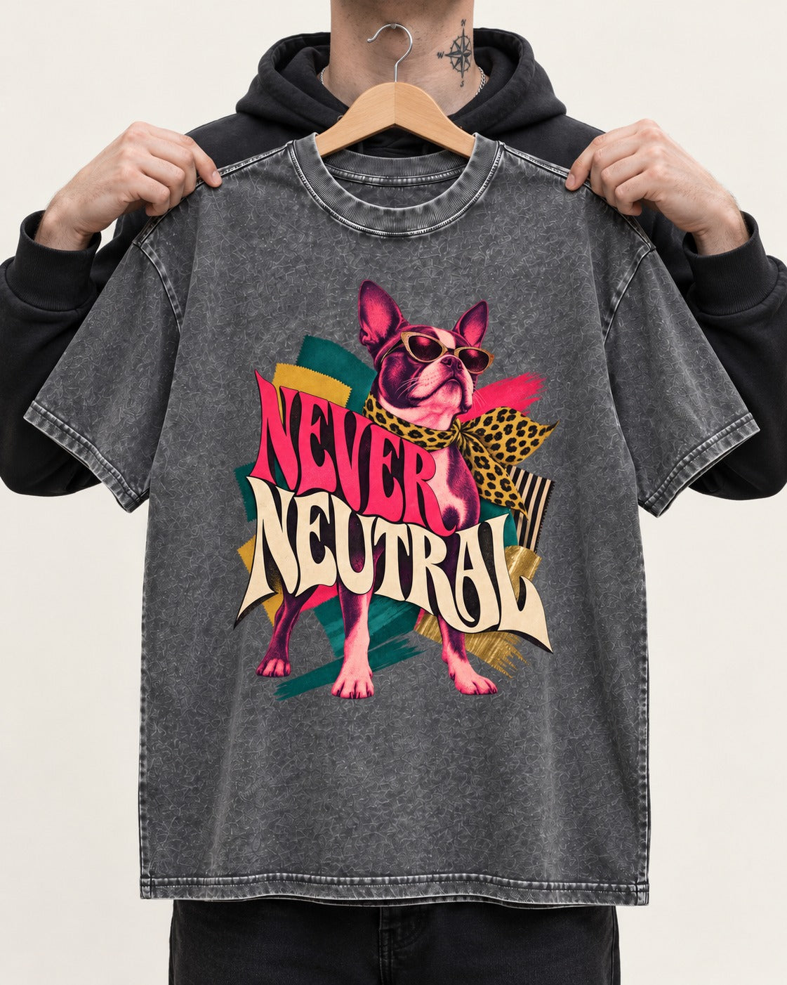 Boston Terrier Never Neutral Fashion Collage Graphic Washed Tee in Gray, held up on a hanger