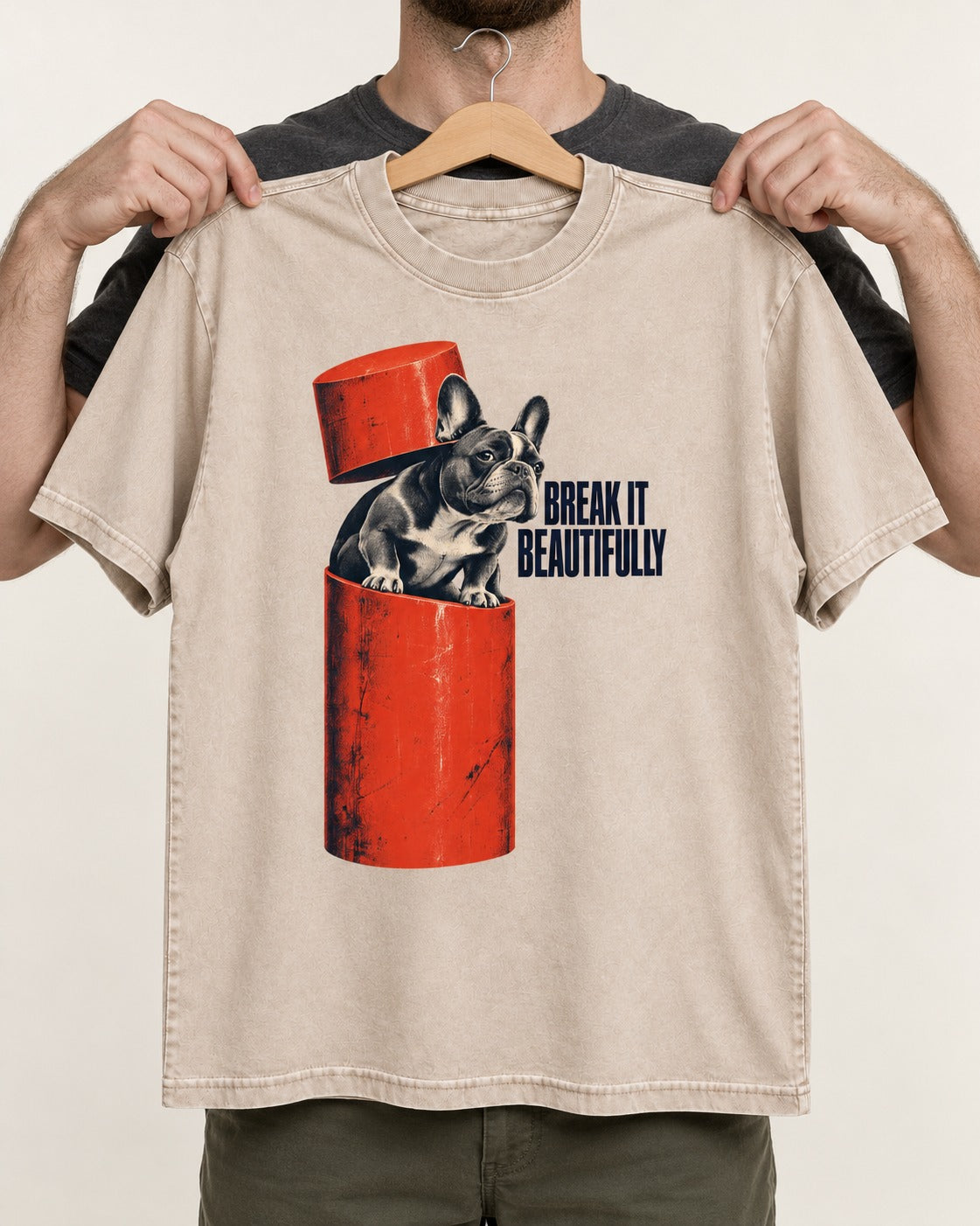Frenchie Break It Beautifully Washed Tee in Apricot, held up on a hanger