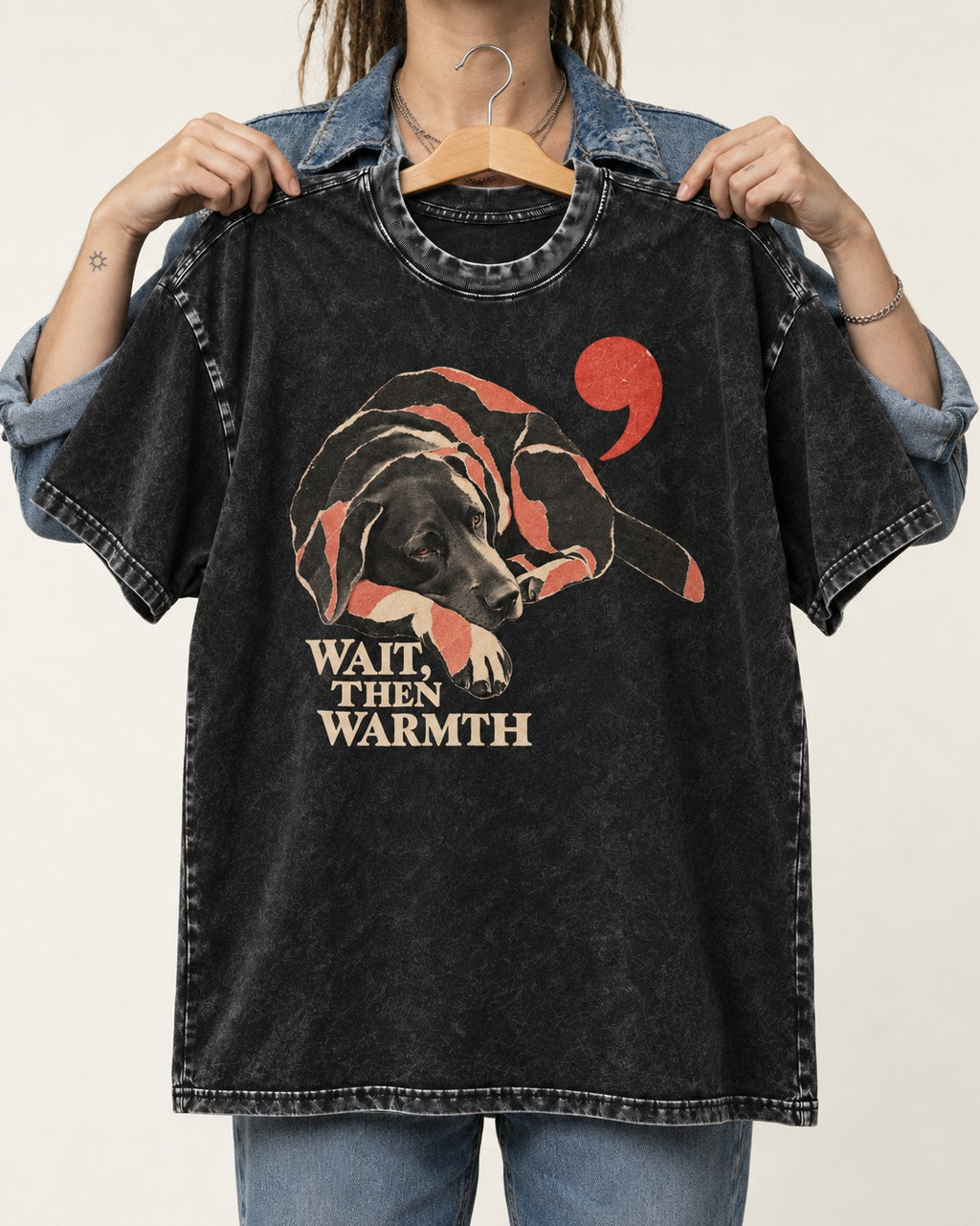 Labrador Retriever Wait Then Warmth Blanket Pause Graphic Washed Tee in Black, held up on a hanger