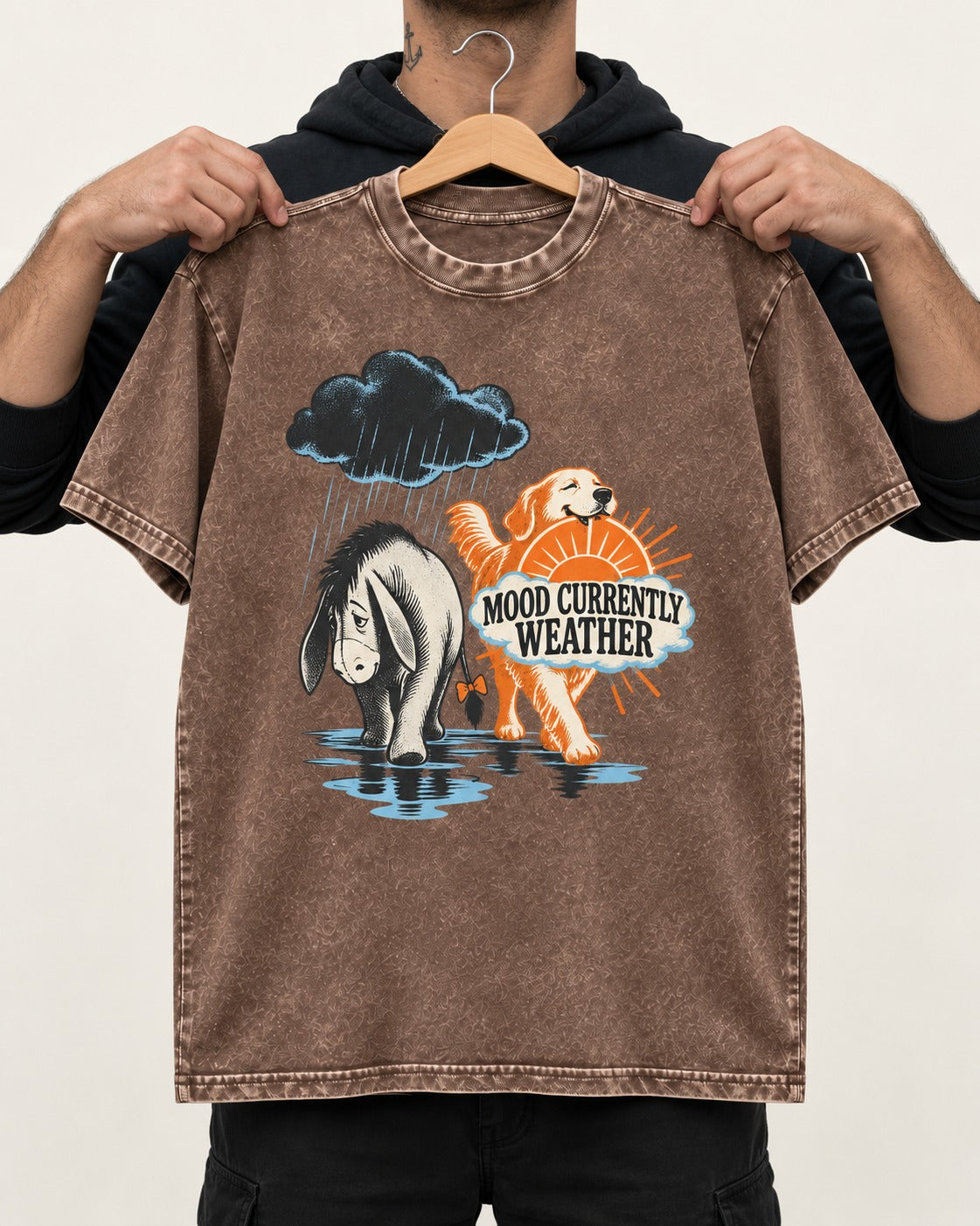 Mood Currently Golden Retriever Weather Washed Tee in Coffee, held up on a hanger