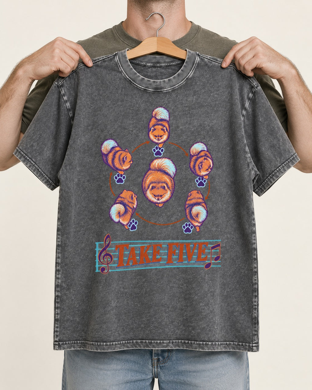 Pomeranian Take Five Choreography Cycle Graphic Washed Tee in Gray, held up on a hanger