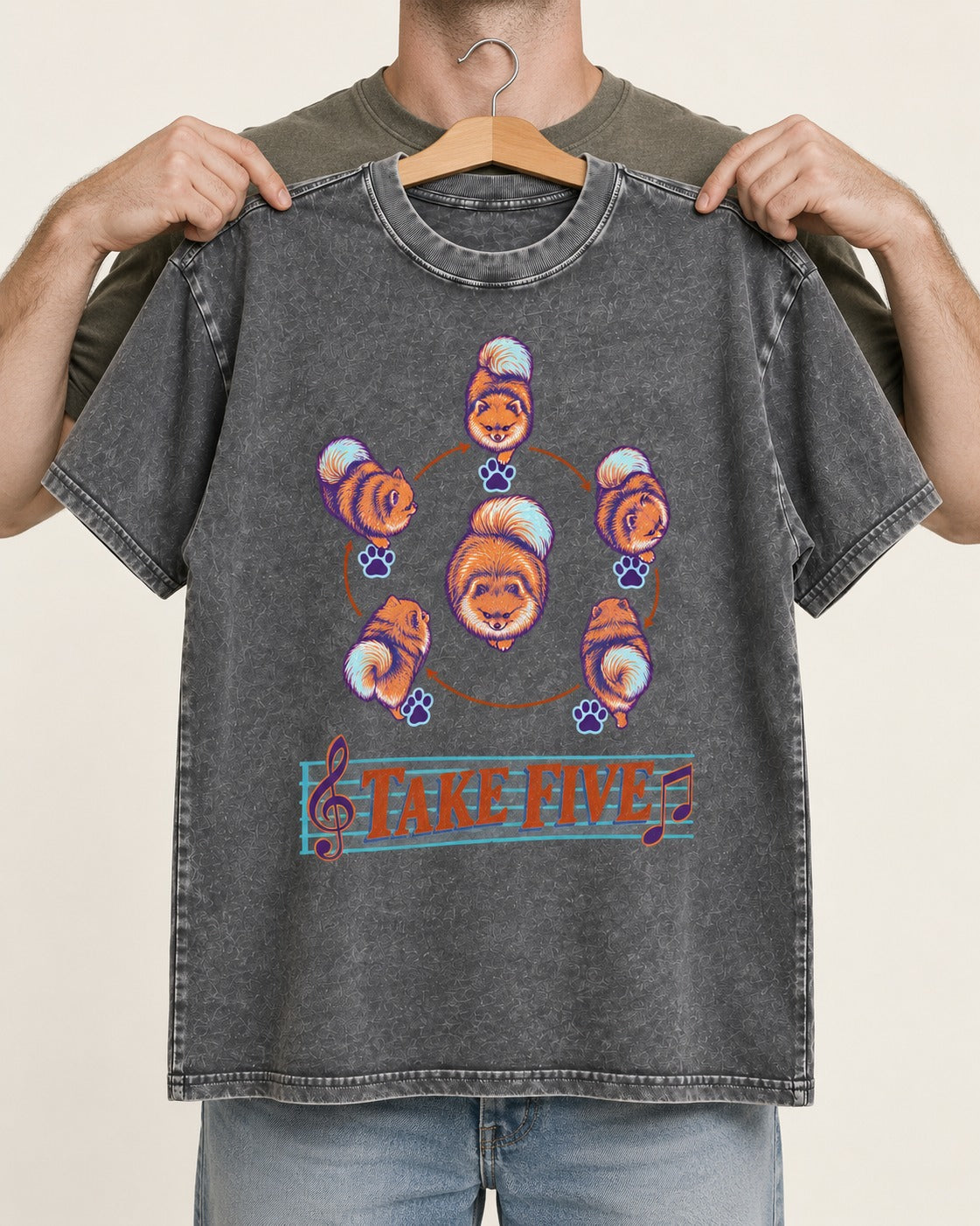 Pomeranian Take Five Choreography Cycle Graphic Washed Tee in Gray, held up on a hanger