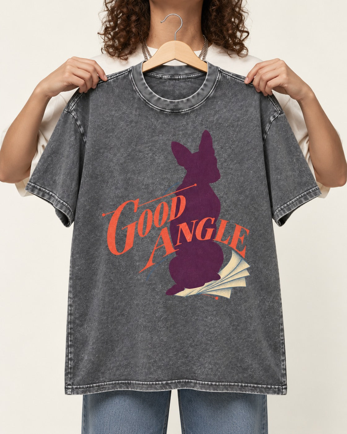 Good Angle Boston Terrier Paper Graphic Washed Tee in Gray, held up on a hanger