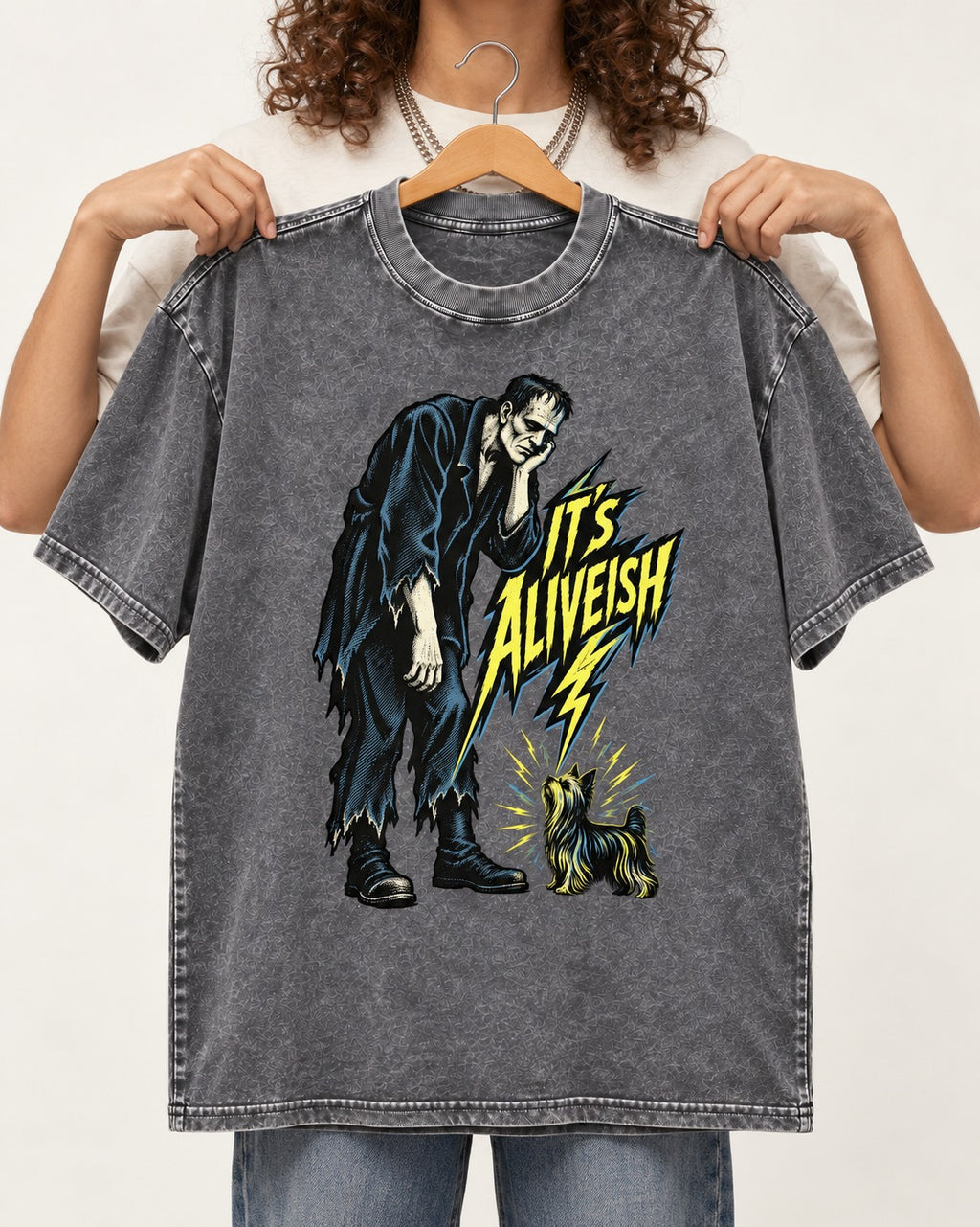 It's Aliveish Yorkshire Terrier Washed Tee in Gray, held up on a hanger