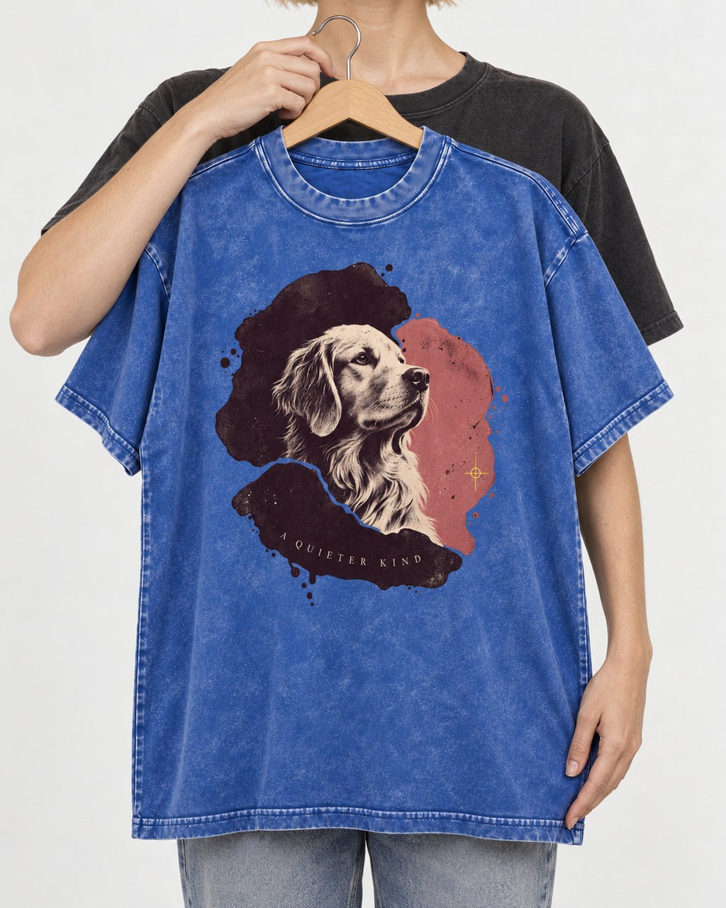 Golden Retriever A Quieter Kind Ink Wash Portrait Graphic Washed Tee in Royal Blue, held up on a hanger