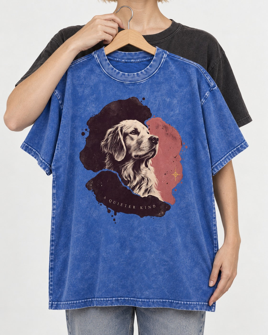 Golden Retriever A Quieter Kind Ink Wash Portrait Graphic Washed Tee in Royal Blue, held up on a hanger
