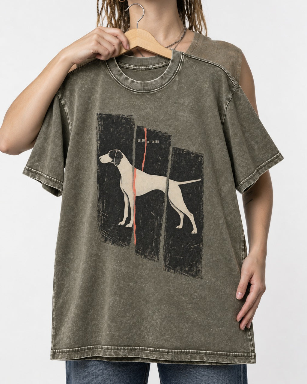 German Shorthaired Pointer Follow The Shear Split Panel Graphic Washed Tee in Army Green, held up on a hanger