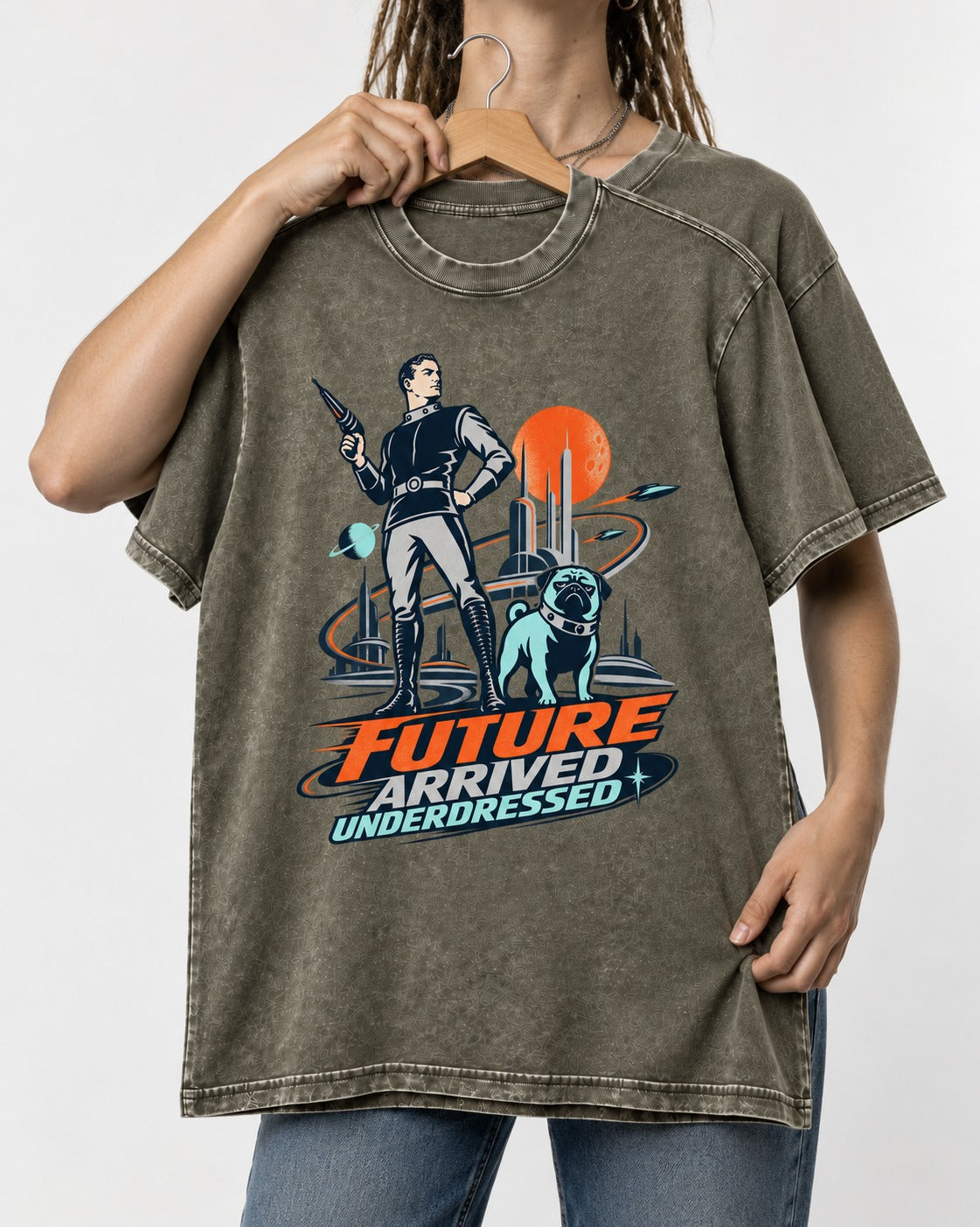Pug Future Arrived Underdressed Space Hero Graphic Washed Tee in Army Green, held up on a hanger