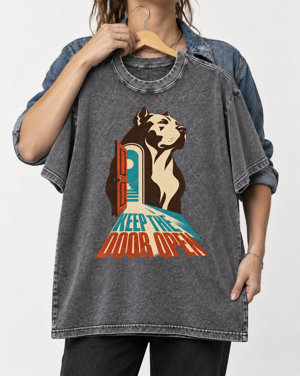 Keep the Door Open Pitbull Washed Tee in Gray, held up on a hanger