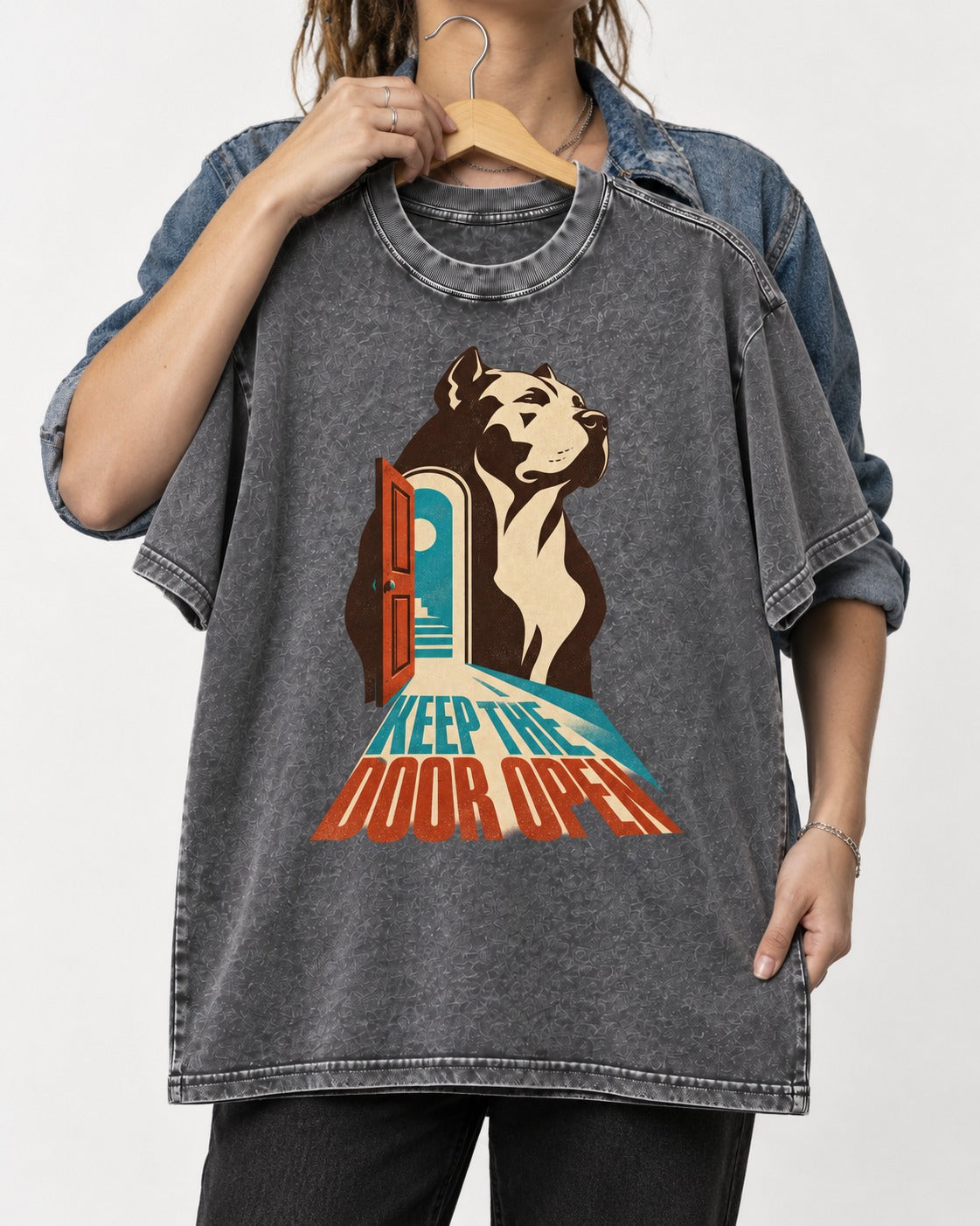 Keep the Door Open Pitbull Washed Tee in Gray, held up on a hanger