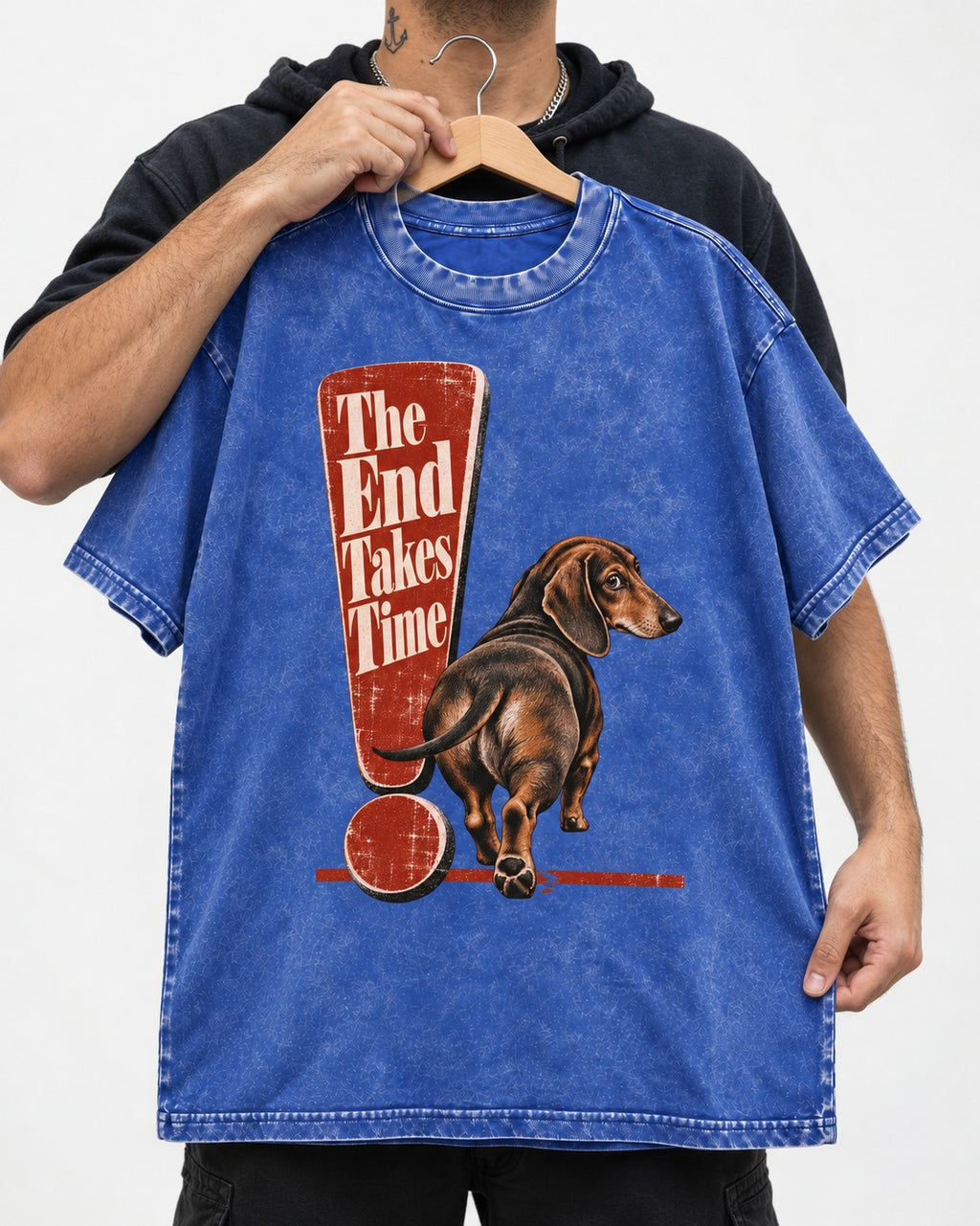 Dachshund The End Takes Time Exclamation Mark Graphic Washed Tee in Royal Blue, held up on a hanger