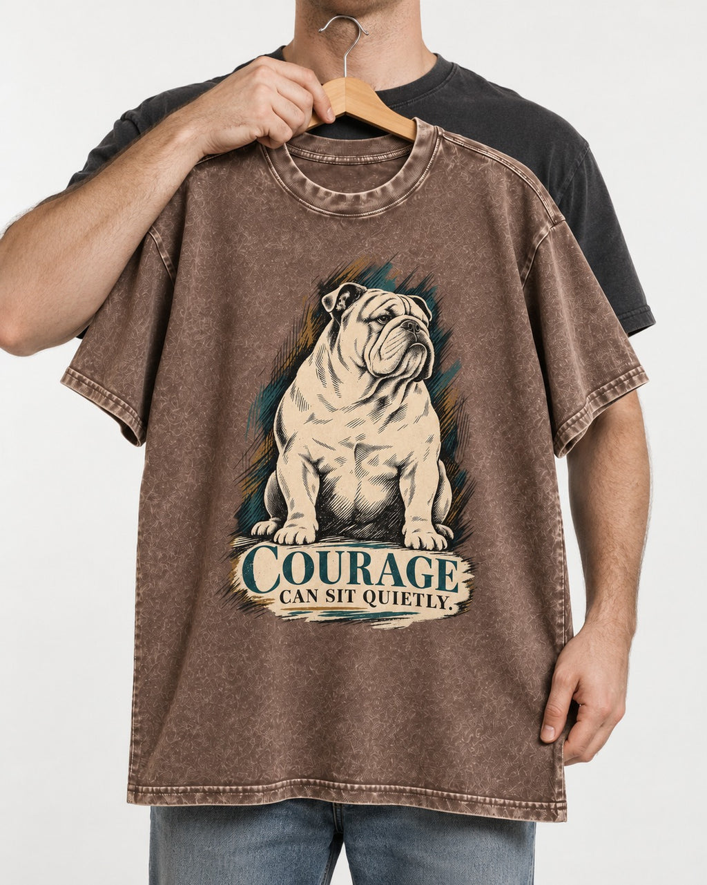 English Bulldog Courage Can Sit Quietly Washed Tee in Coffee, held up on a hanger