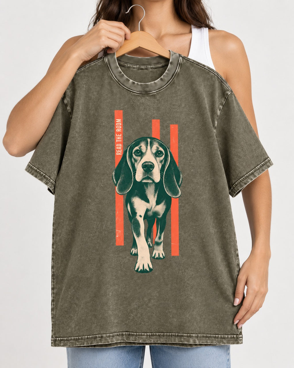 Beagle Before The Move Walking Portrait Washed Tee in Army Green, held up on a hanger