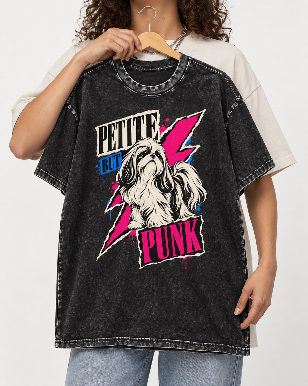 Shih Tzu Petite but Punk Lightning Graphic Washed Tee in Black, held up on a hanger