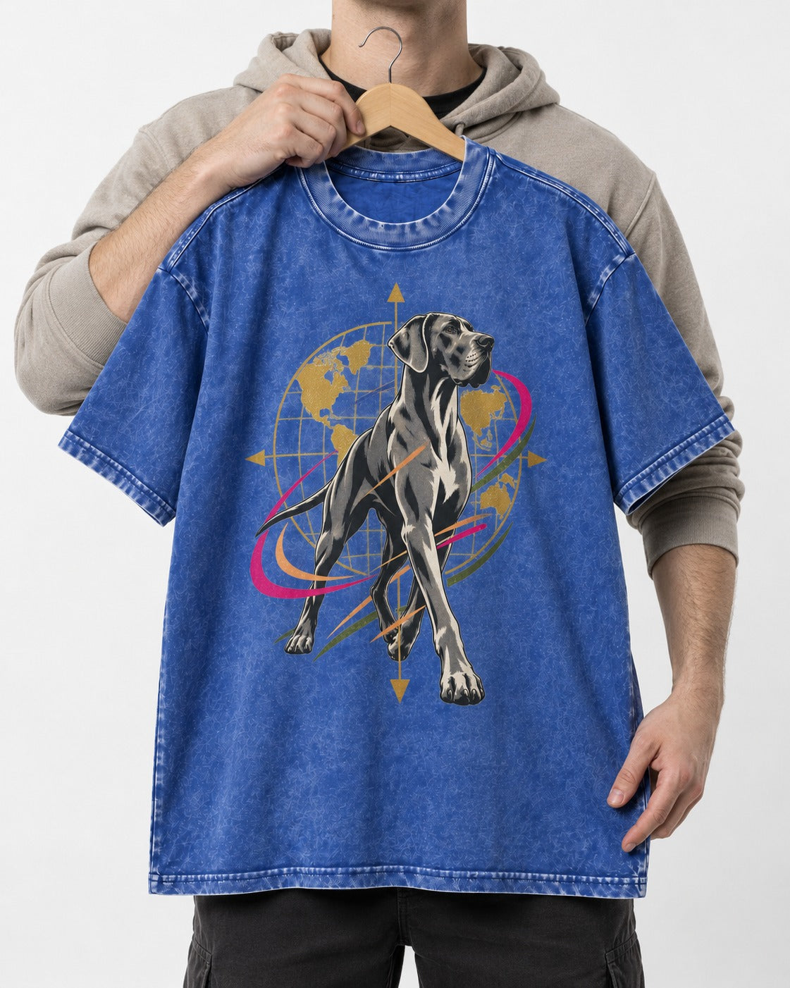 Great Dane Striding Globe Orbit Graphic Washed Tee in Royal Blue, held up on a hanger