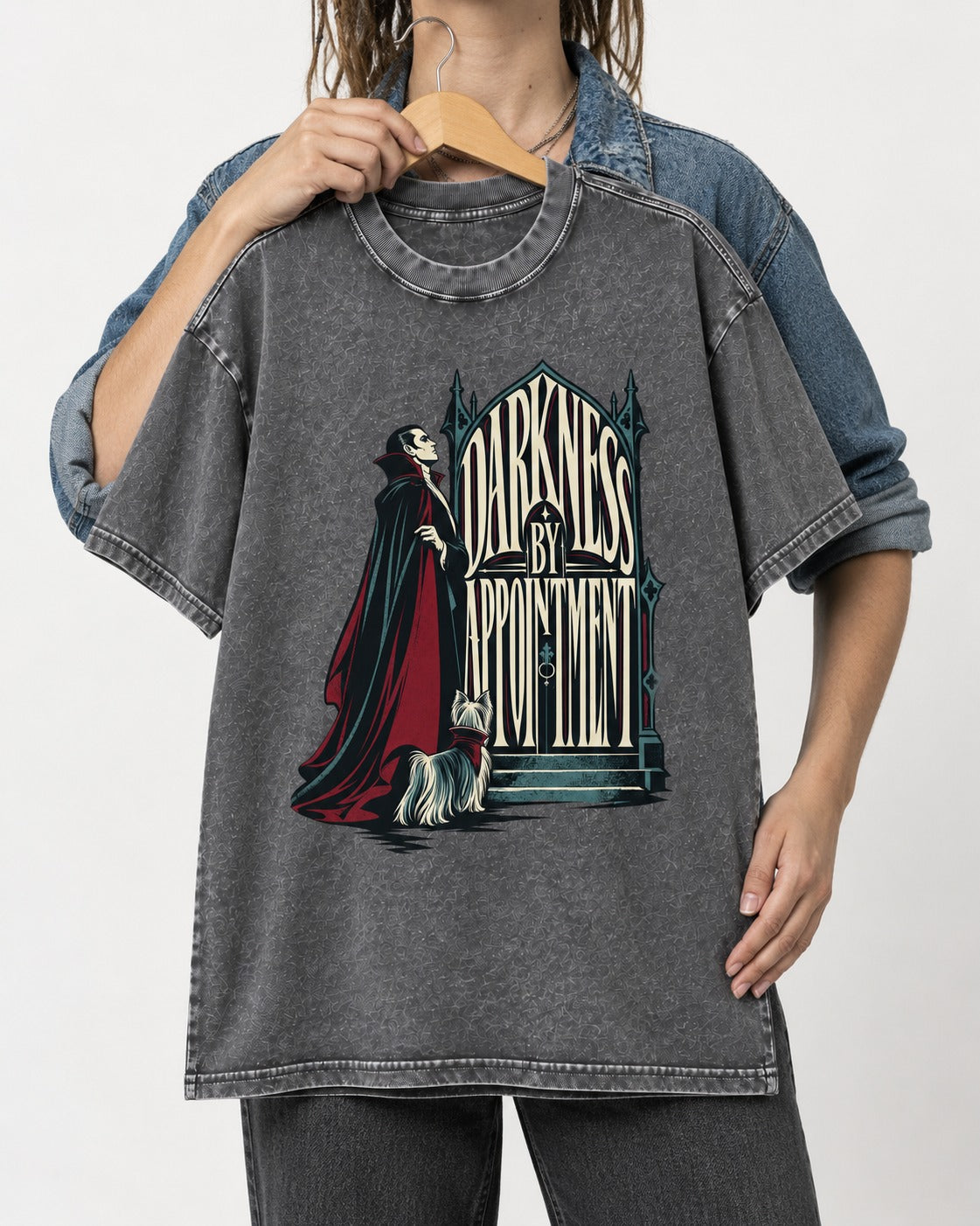 Darkness by Appointment with Yorkshire Terrier Washed Tee in Gray, held up on a hanger