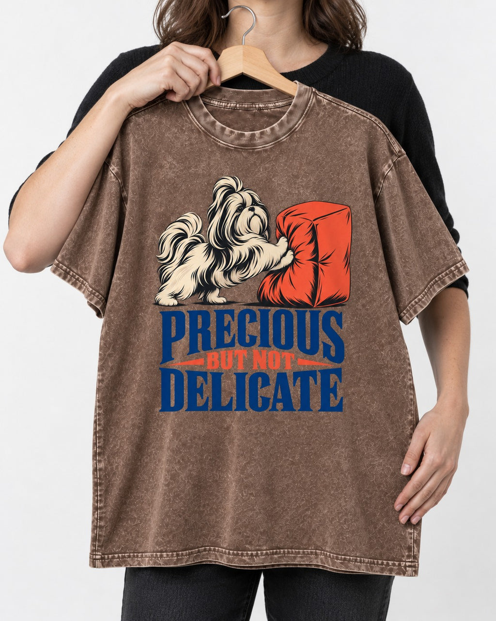 Precious but Not Delicate Shih Tzu Washed Tee in Coffee, held up on a hanger