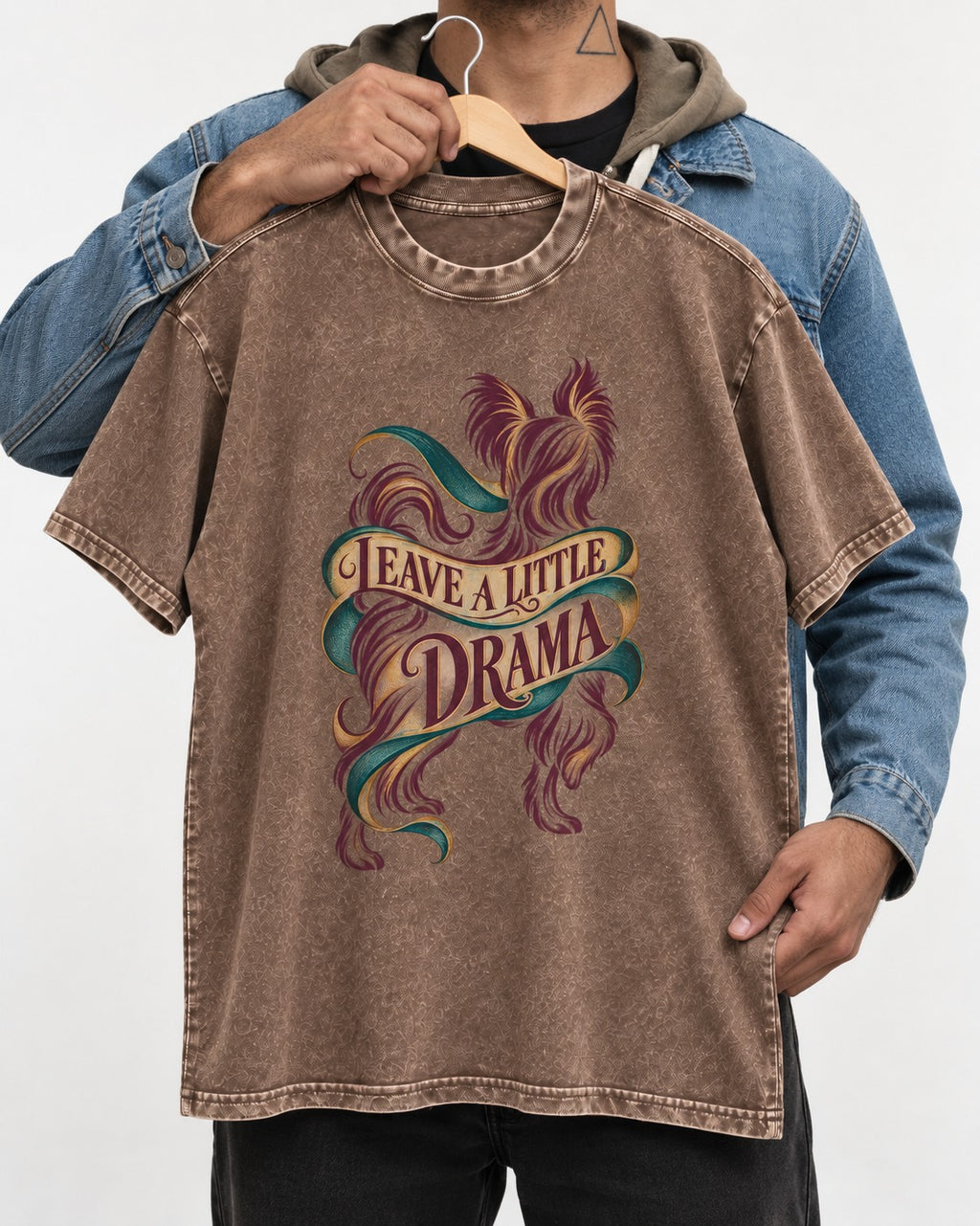 Leave a Little Drama Yorkshire Terrier Washed Tee in Coffee, held up on a hanger