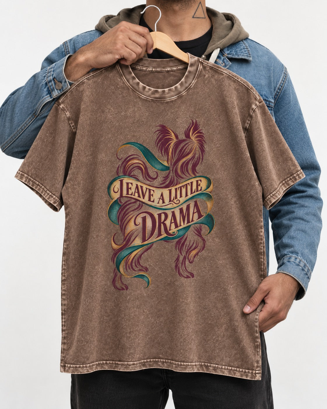 Leave a Little Drama Yorkshire Terrier Washed Tee in Coffee, held up on a hanger
