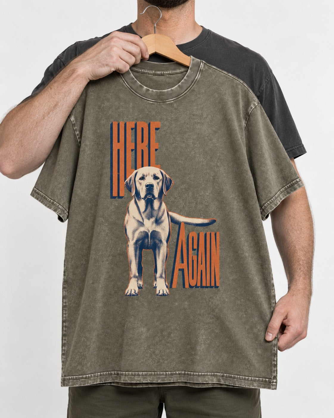 Labrador Retriever Here Again Standing Typography Graphic Washed Tee in Army Green, held up on a hanger