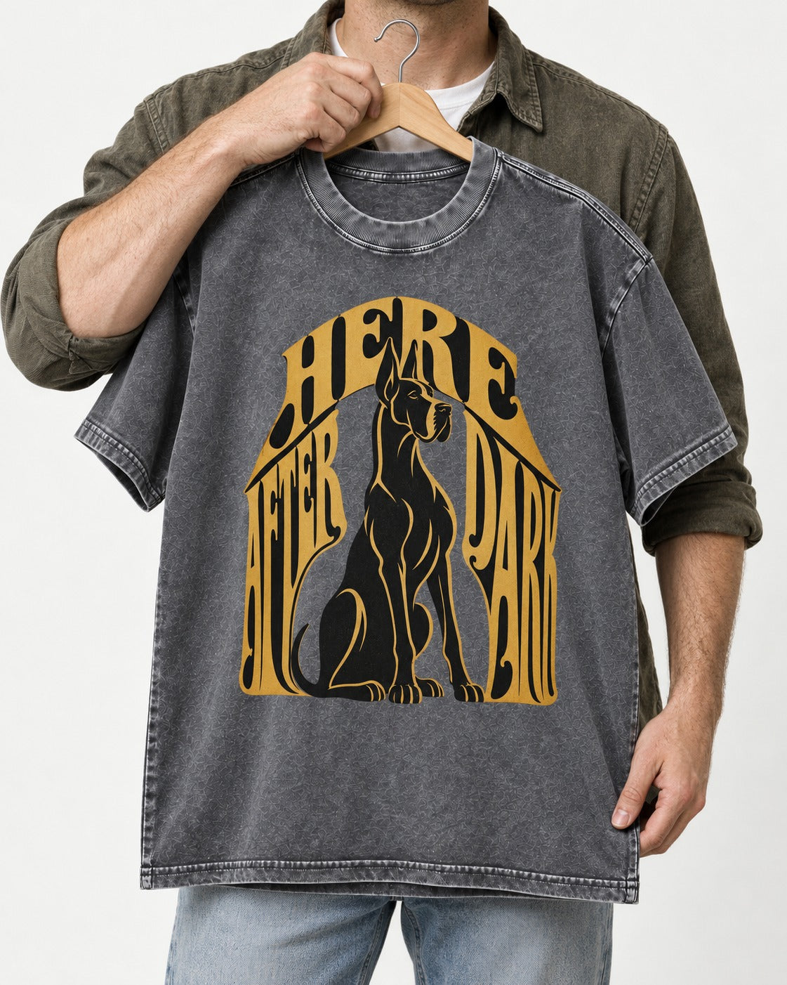 Great Dane Here After Dark Washed Tee in Gray, held up on a hanger