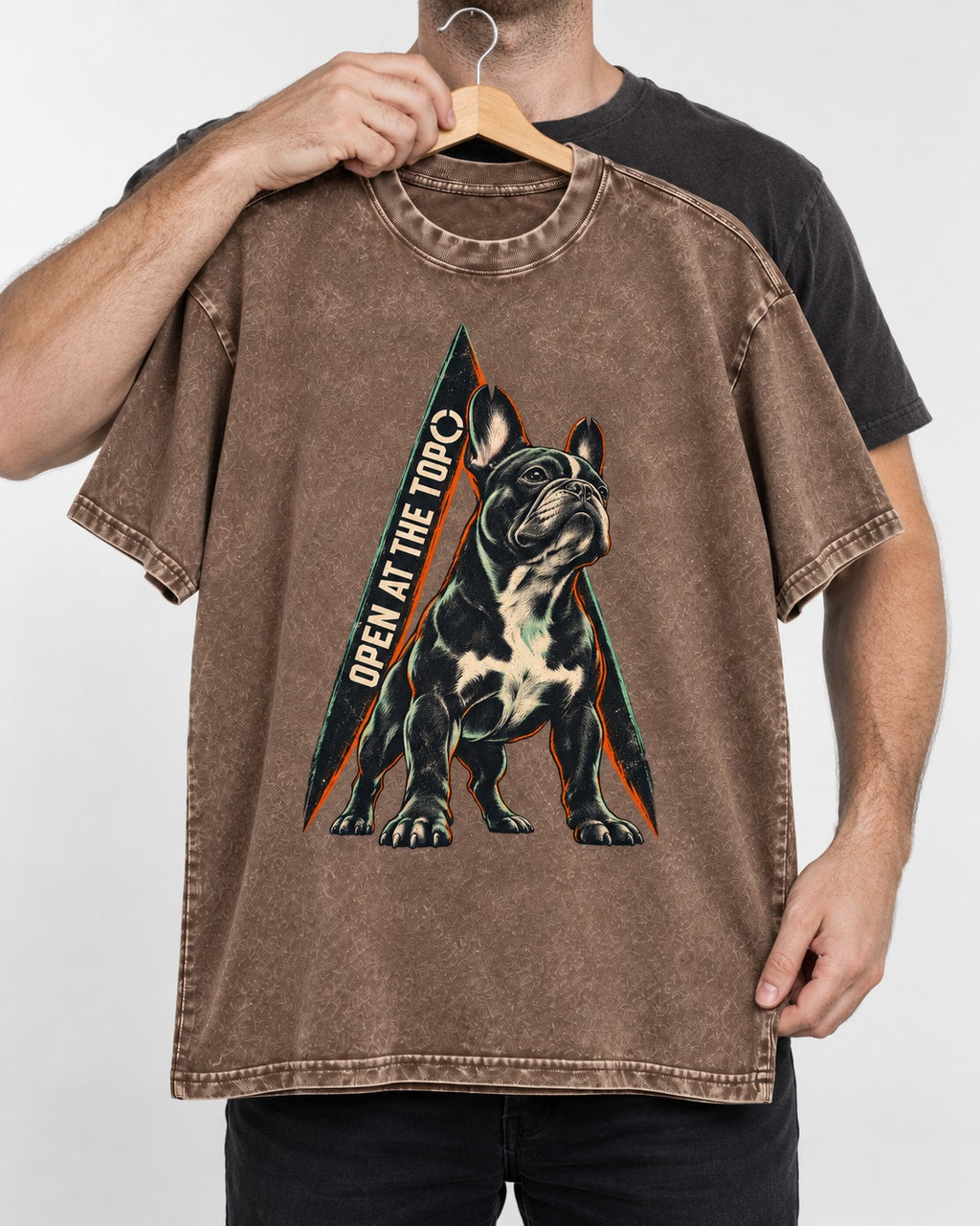 Frenchie Open at the Top Washed Tee in Coffee, held up on a hanger