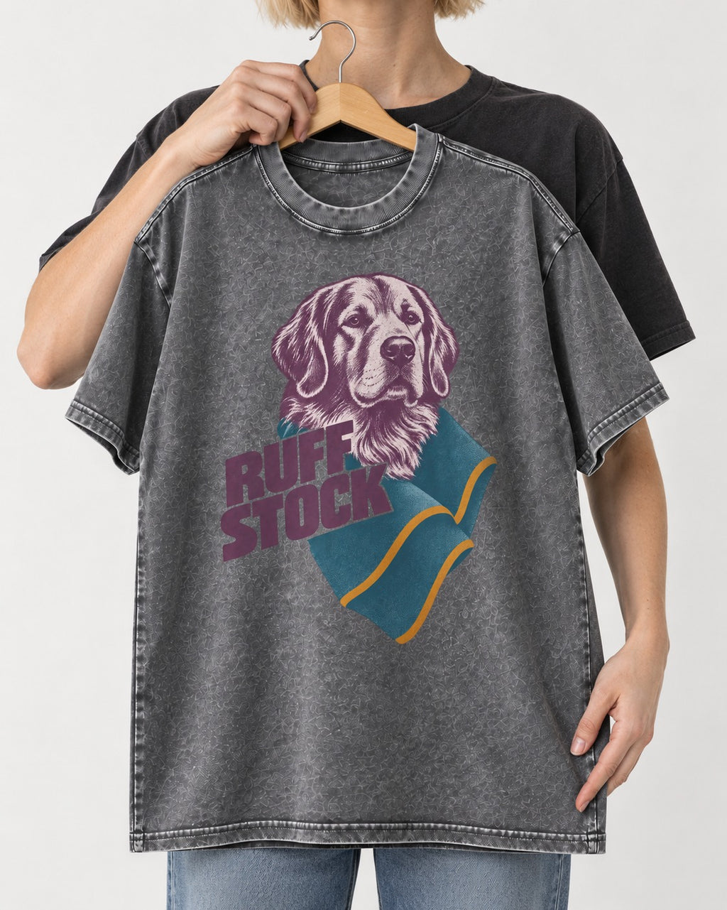 Golden Retriever Ruff Stock Washed Tee in Gray, held up on a hanger