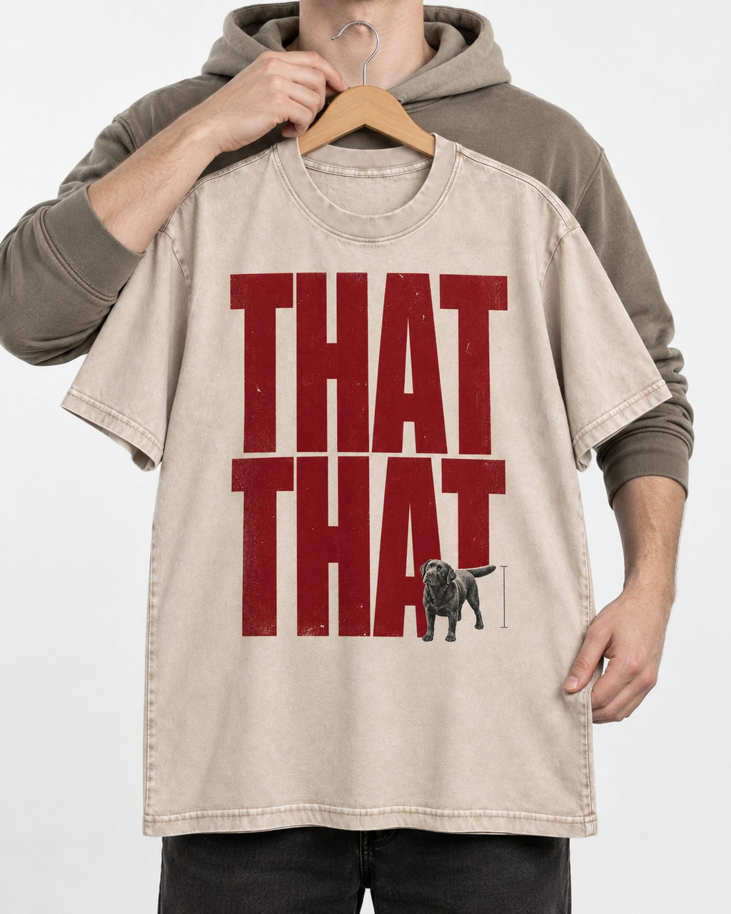 That That Labrador Retriever Washed Tee in Apricot, held up on a hanger