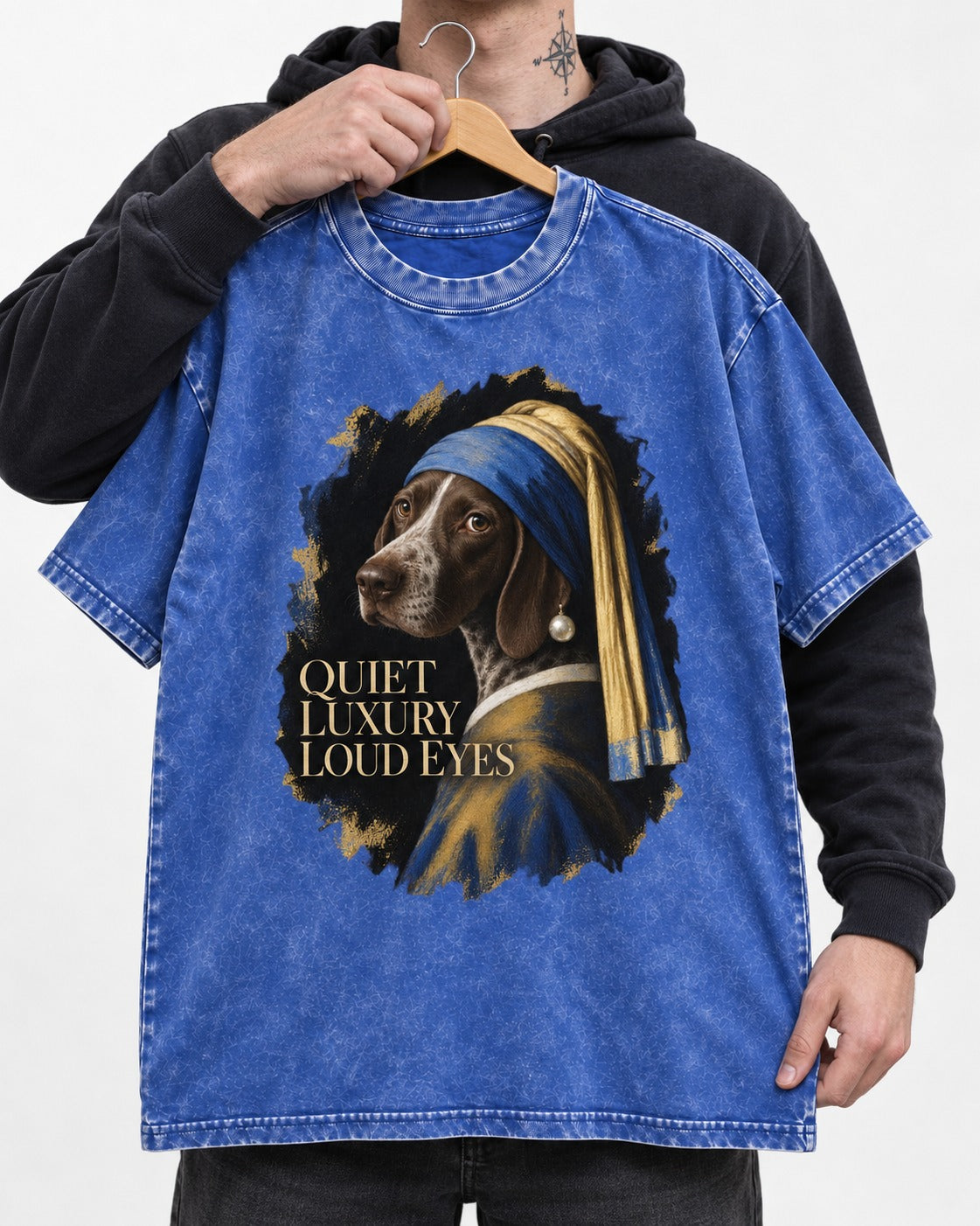 German Shorthaired Pointer Quiet Luxury Loud Eyes Pearl Earring Portrait Graphic Washed Tee in Royal Blue, held up on a hanger
