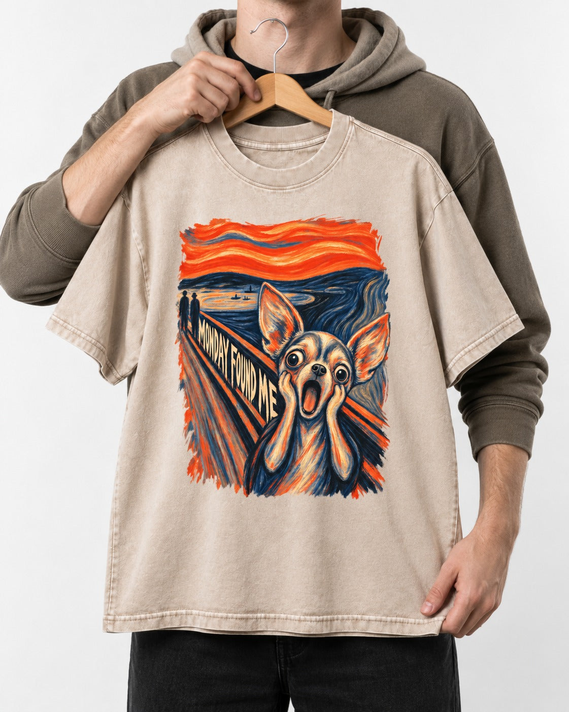 Monday Found Me Chihuahua Scream Path Washed Tee in Apricot, held up on a hanger